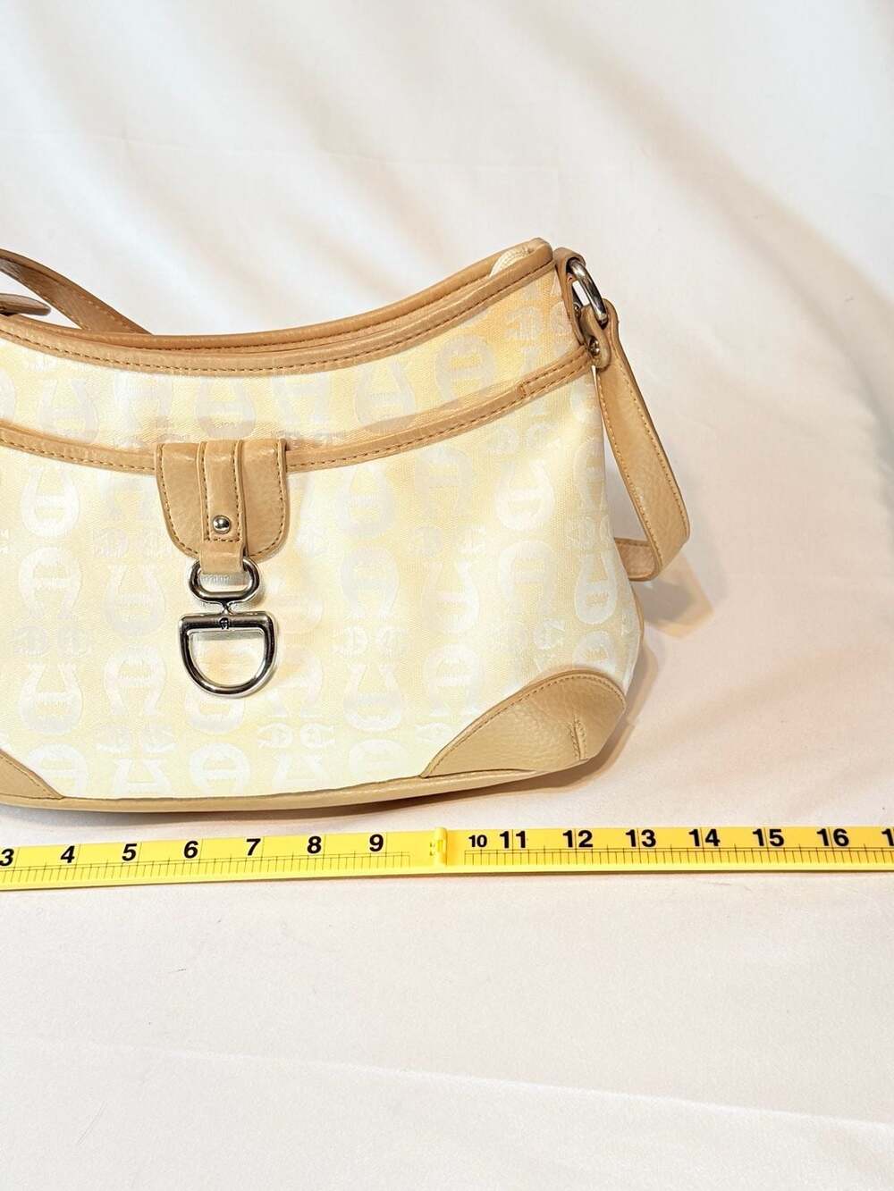 Etienne Aigner Monogram Shoulder Bag Cream Canvas Tan Leather Classic Preppy Ivy